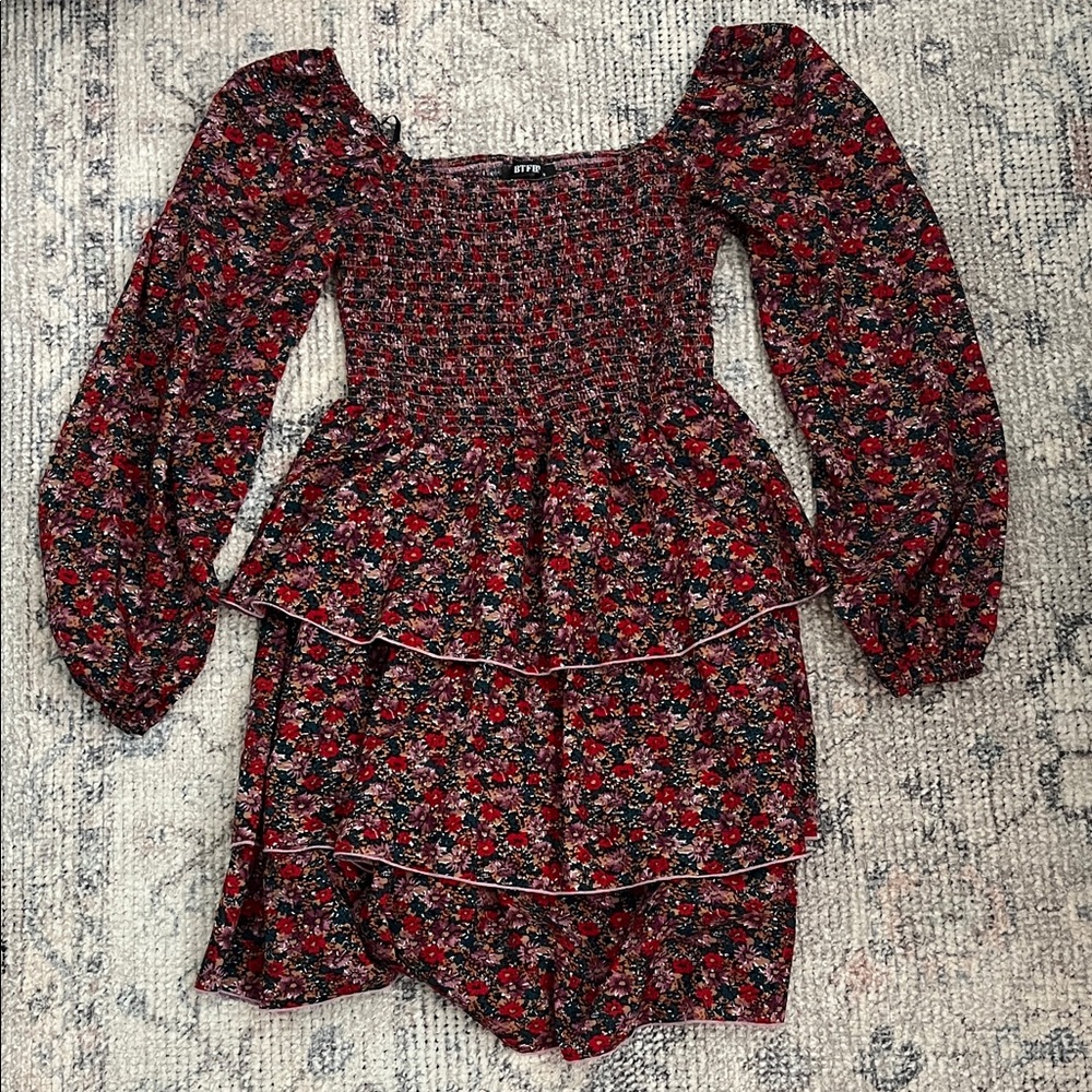 Floral Long Sleeve Dress with Smocked Bodice